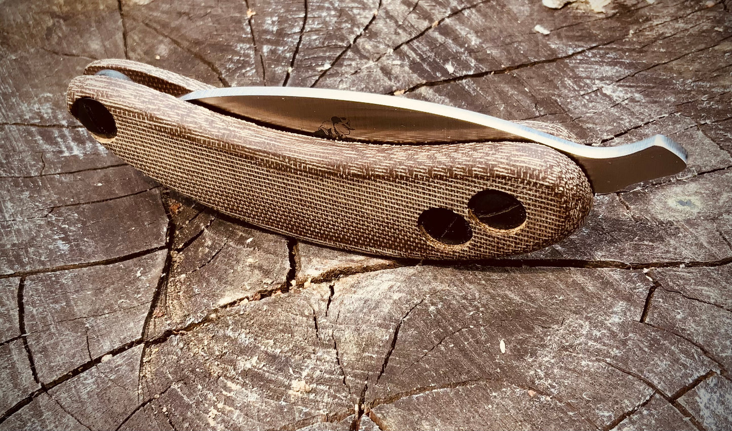 Banana Peel Folder, folding knife shown folded in two tone green micarta scale handles