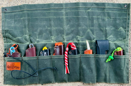 Birch Waxed Canvas Tool Roll, open, showing items in the 8 pockets