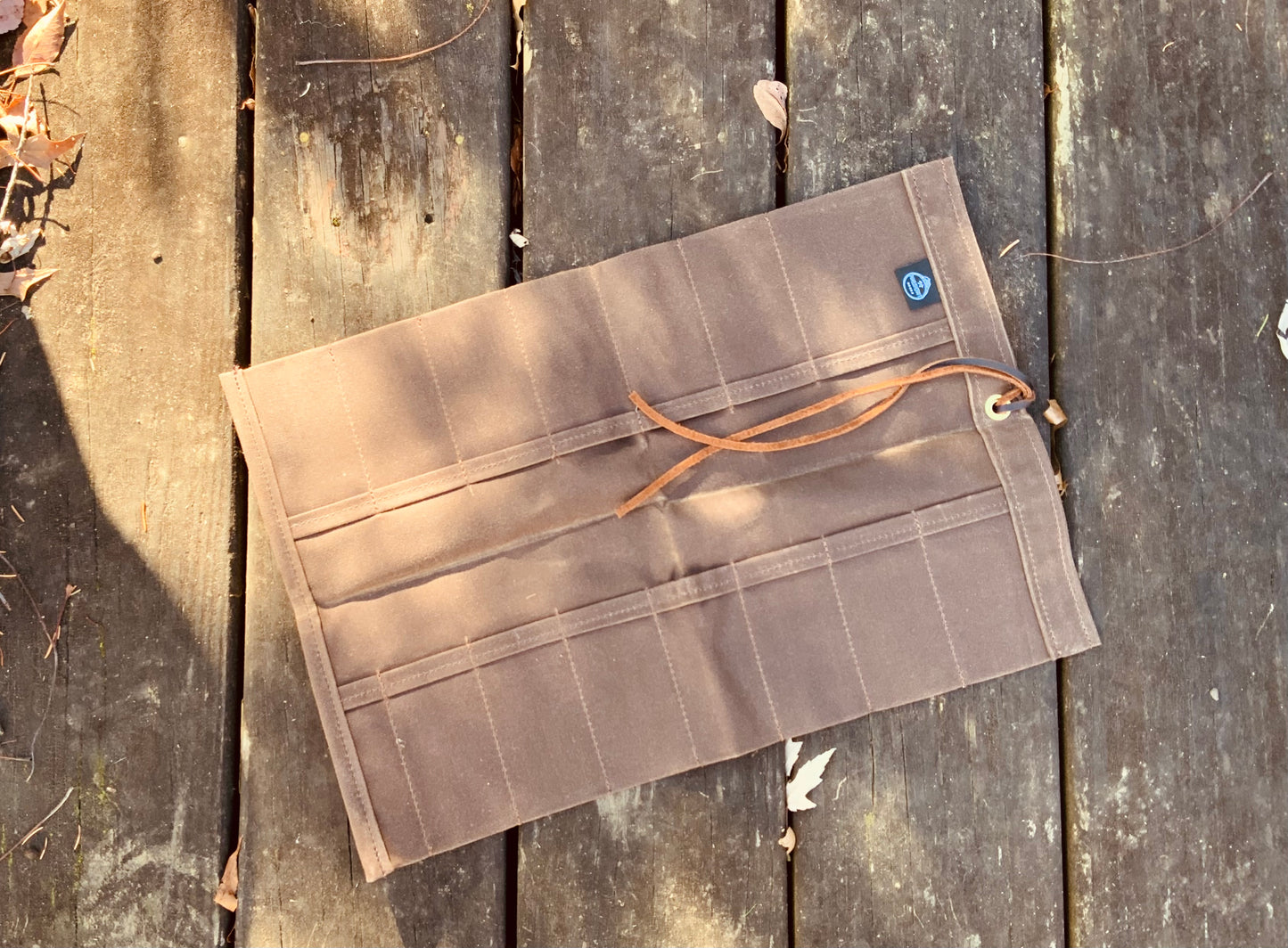 Maple Waxed Canvas 15 Pocket Tool Roll shown in brown