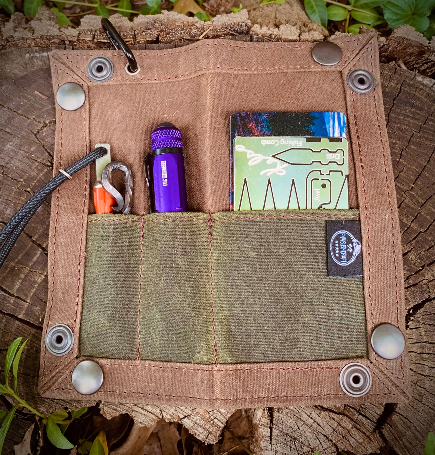 EDC Waxed Canvas Travel Tray shown flat with tools