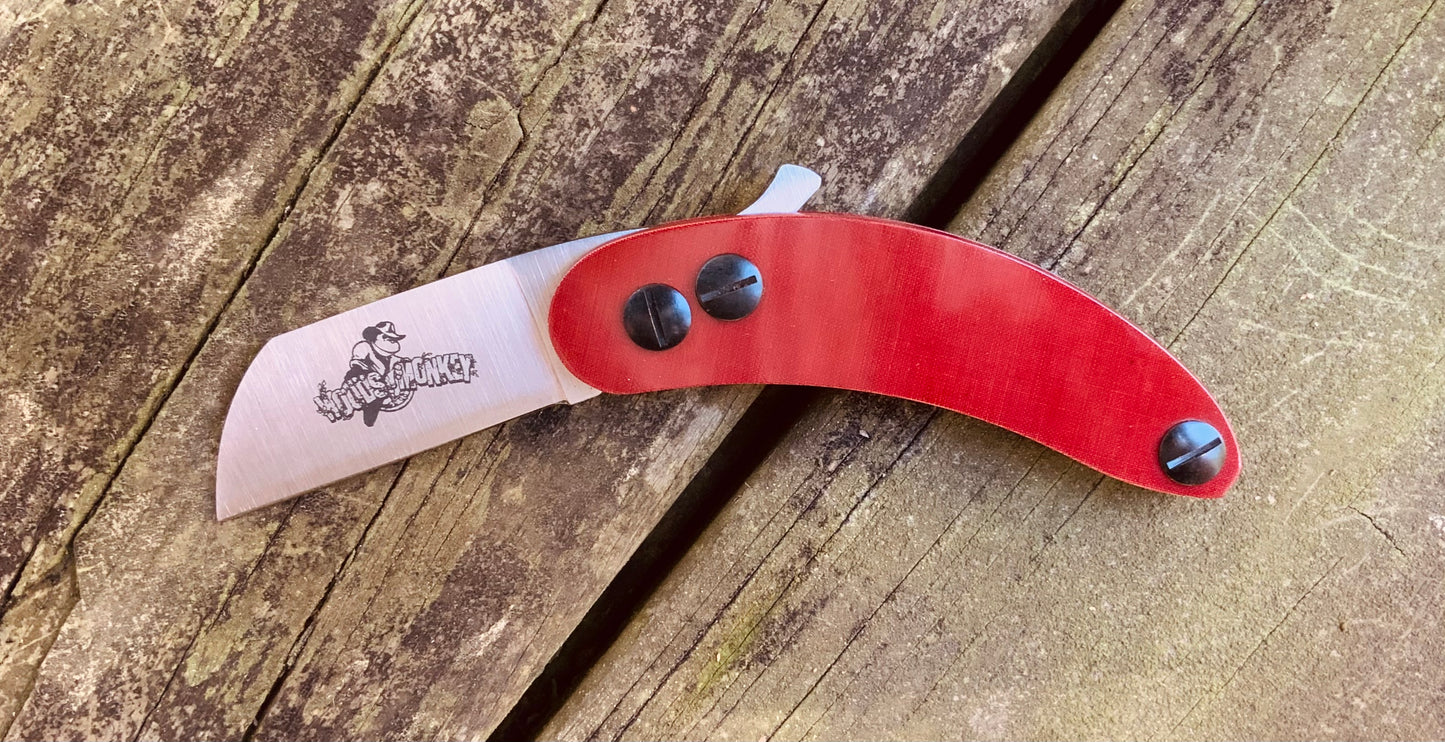 Red Linen Micarta and AEB-L Wharncliffe Blade Banana Peel Folding Knife by Woods Monkey